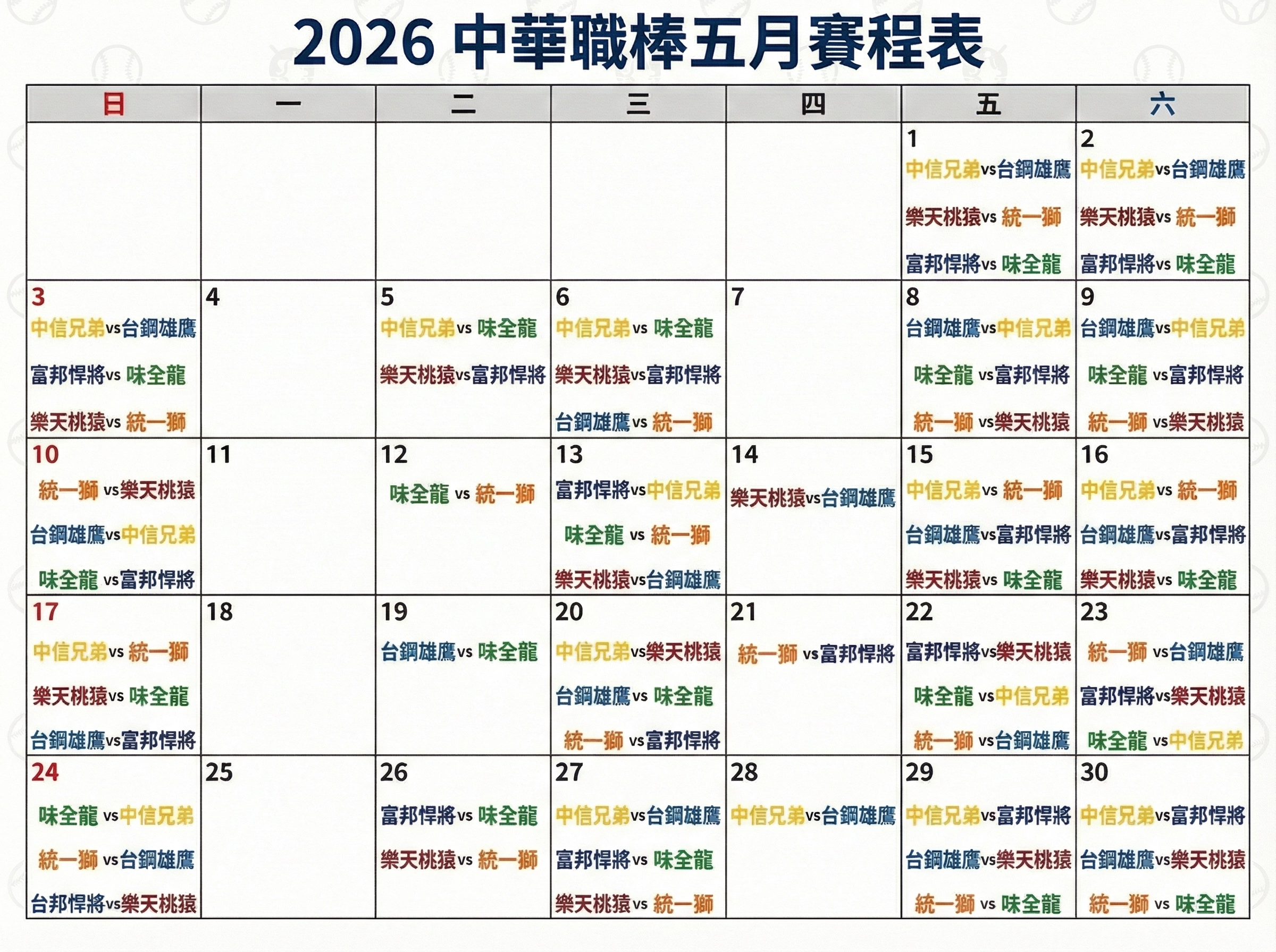 2026中華職棒5月賽程表