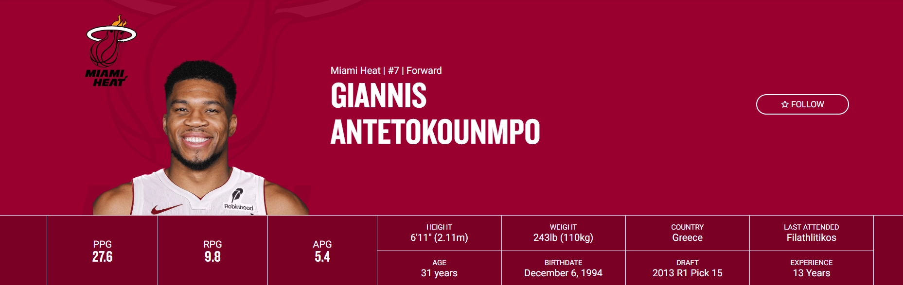 字母哥 Giannis Antetokounmpo → 熱火